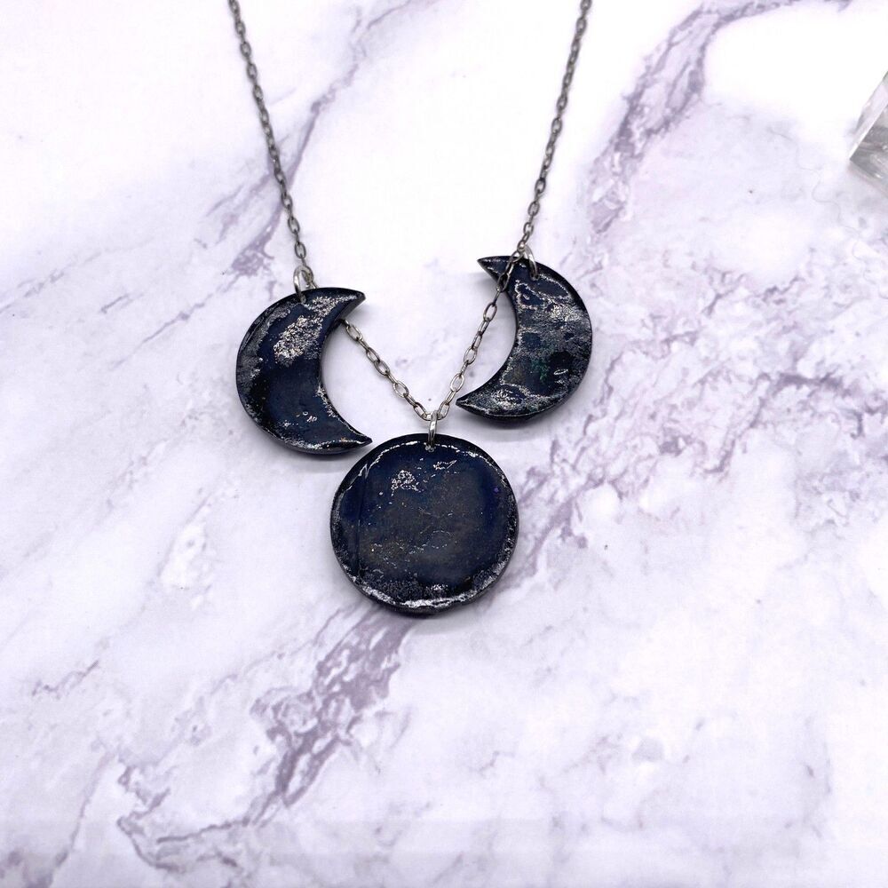 Black and Gold Moon Phase Celestial Sterling Silver Necklace - Picture 8 of 9